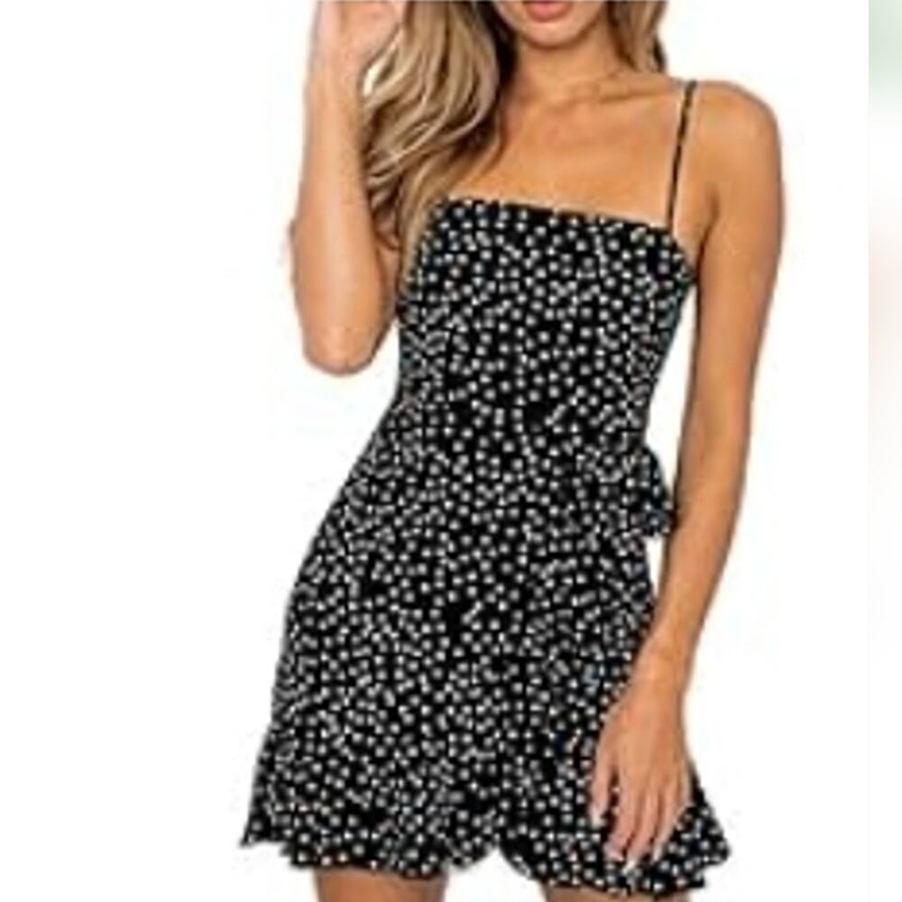 Summer Dress Spaghetti Strap Adjustable Ruffle Mini Dress Small Polka Dot